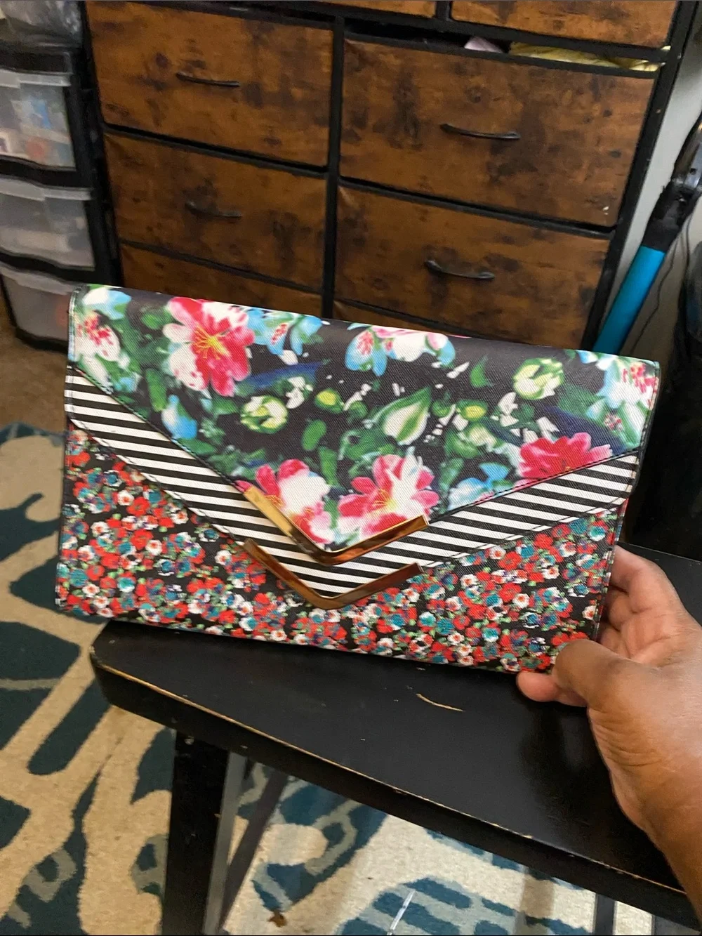 Aldo Floral & Stripe Envelope Clutch - Black, Pink, Green, Red